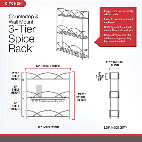 Freestanding Countertop or Wall Mount 3-Tier Spice Rack Organizer for Storing Bottles of Spices, Sauce, Dressing, Condiments, Vitamins & More, Great for Kitchen, Cupboards, Cabinet, Pantry, Silver