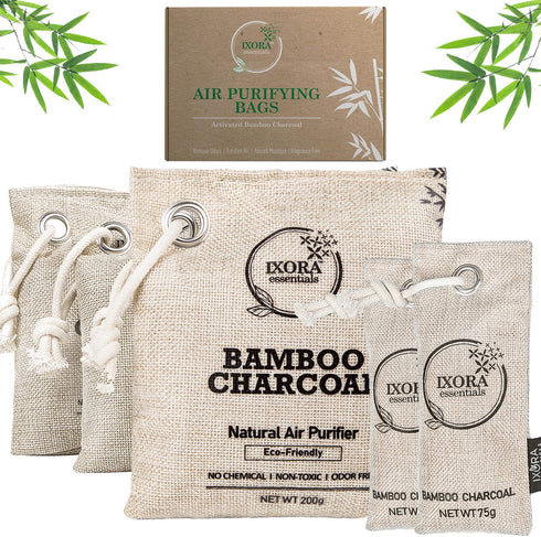 Ixora Essentials Bamboo Charcoal Air Purifying Bag, Charcoal Bags Odor Absorber for Home with Activated Bamboo Charcoal. 5 Pack (3 x 200g and 2 x 75g) of Charcoal Odor Absorber, Car Odor Eliminator, Pet Friendly