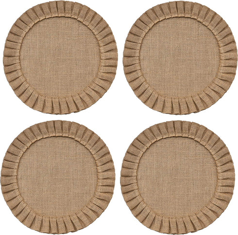 Rustic Farmhouse Burlap Round Placemats, Set of 4, Size in 15 Inches Diameter, Ruffle Trim Design (4)