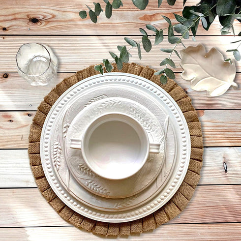 Rustic Farmhouse Burlap Round Placemats, Set of 4, Size in 15 Inches Diameter, Ruffle Trim Design (4)