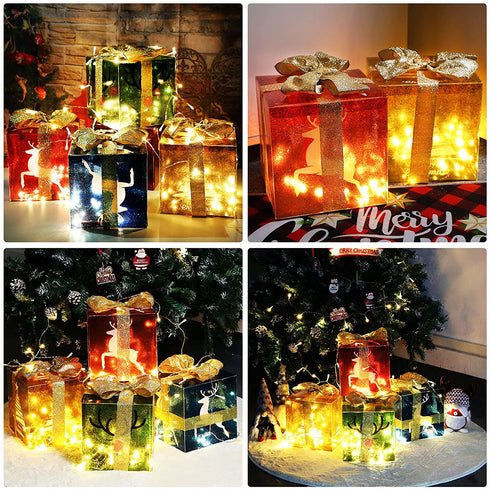 4 Christmas Lighted Gift Boxes and 80 LED Light Decorations, Xmas Tree Reindeer Lit Present Box with Glitter Bows for Indoor Home Party Decor