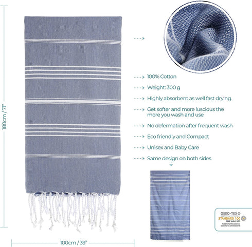 Cacala Turkish Beach Bath Towels Extra Large Blanket Peshtemal Highly Absorbent Quick and Easy Dry Soft and Comfortable for Shower, Spa, Pool, Gym and Yoga 100% Cotton Pure Series, 37" x 70"