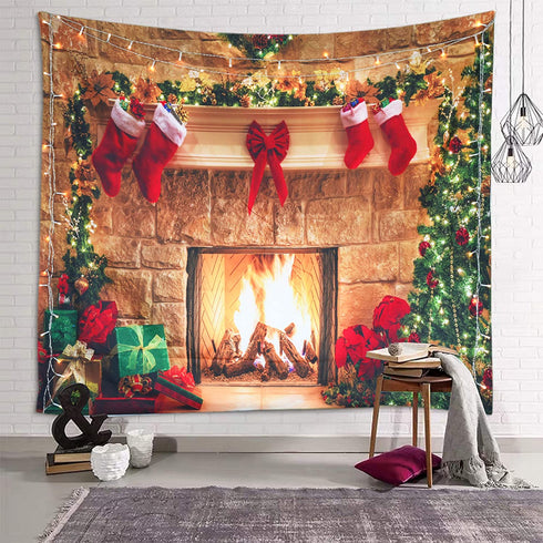 Sevendec Christmas Tapestry Wall Hanging Fireplace Xmas Tree Stockings Gifts Wall Tapestry for Party Livingroom Bedroom Dorm Home Decor W90" x L71"