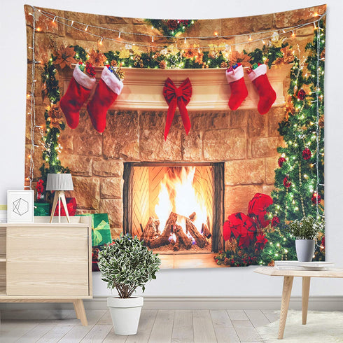Sevendec Christmas Tapestry Wall Hanging Fireplace Xmas Tree Stockings Gifts Wall Tapestry for Party Livingroom Bedroom Dorm Home Decor W90" x L71"