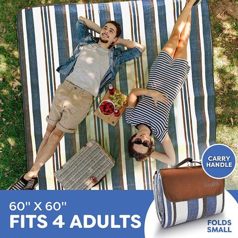 Extra Large Picnic & Outdoor Blanket Dual Layers for Outdoor Water-Resistant Handy Mat Tote Spring Summer Blue and White Striped Great for The Beach