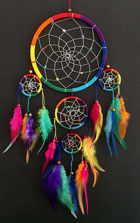 OMA Dream Catcher - Hand Made Traditional Multi Color Chakra Rainbow Dream Catcher with Tie Dye Feathers & Beads Dreamcatcher - 7" Diameter & 22" Long
