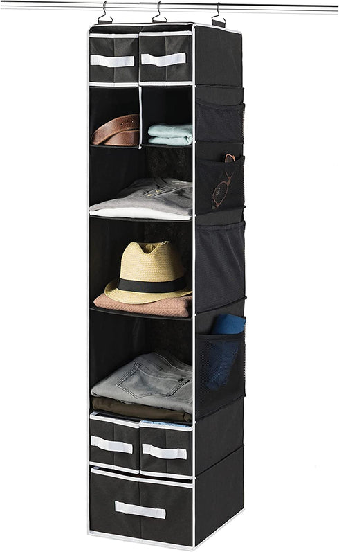 9 Shelf Hanging Closet Organizer with 5 Drawer Organizers, Baby Nursery Closet, Diaper Caddy Organizer, Slotted Storage Baskets, Hanging Drawers, Dorm Room Closet with Foldable Cube Storage Bins