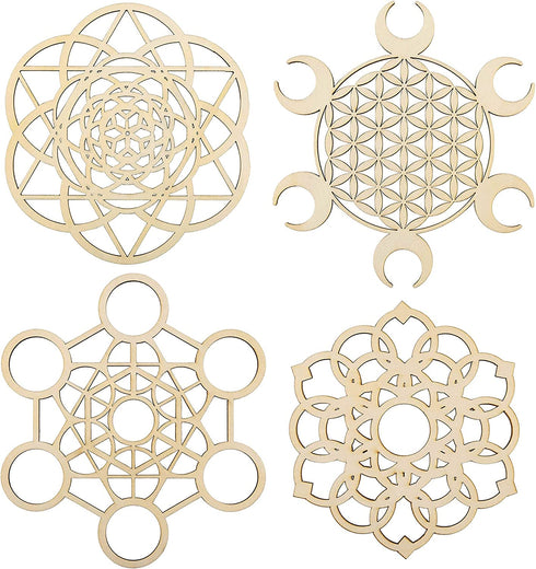 Mornajina Set of 4 Wood Crystal Grid Board Wall Art, Wood Wall Sculpture Art Hanging Home Decoration