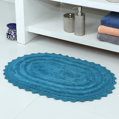 TreeWool, (Pack of 2) Bath Rugs with Crochet Border in Plush Cotton, Reversible - Oval (17" x 24"; Teal)