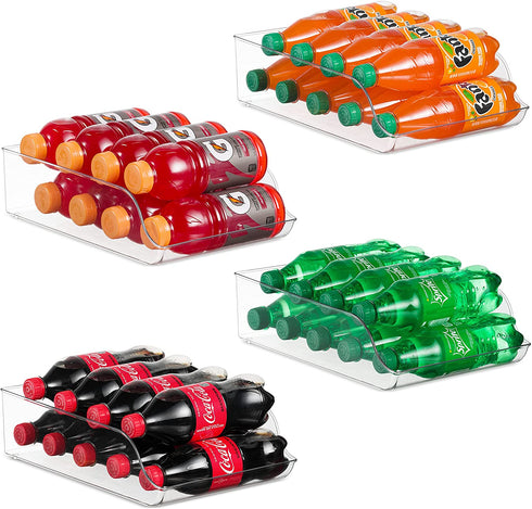 Set Of 4 Refrigerator Organizer Bins Plastic Fridge Water Bottle Storage Dispenser, Pop Soda Can and Drink Holder for Pantry Kitchen Cabinets and Freezer, BPA Free, Clear