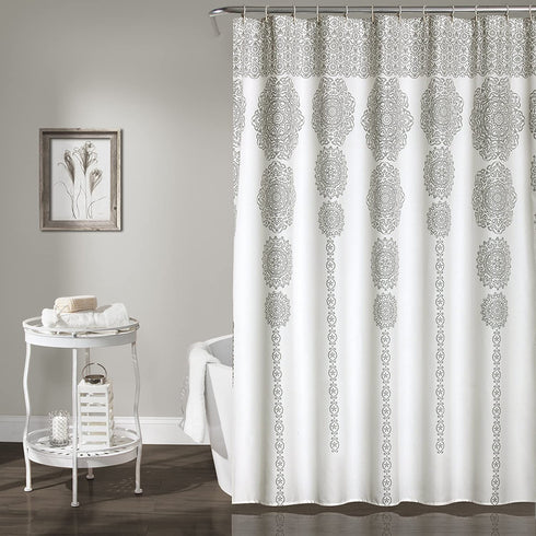 Lush Decor, Gray Stripe Medallion Shower Curtain-Fabric Mandala Bohemian Damask Print Design, x 72?, Blue, 72" x 72"