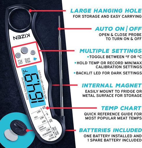 KIZEN Digital Meat Thermometer with Probe - Waterproof, Kitchen Instant Read Food Thermometer for Cooking, Baking, Liquids, Candy, Grilling BBQ & Air Fryer - Black/White