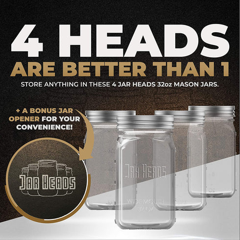 Jar Heads Canning Jars Wide Mouth - 4 Pack 32 oz Mason Jars - Wide Mouth Mason Jars - Large Mason Jar Glasses - Mason Jars 32 oz Wide Mouth - Quart Mason Jars - Wide Mouth Mason Jars 32 oz with Lids