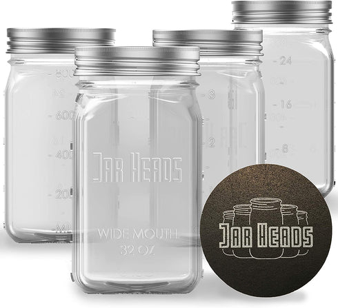 Jar Heads Canning Jars Wide Mouth - 4 Pack 32 oz Mason Jars - Wide Mouth Mason Jars - Large Mason Jar Glasses - Mason Jars 32 oz Wide Mouth - Quart Mason Jars - Wide Mouth Mason Jars 32 oz with Lids