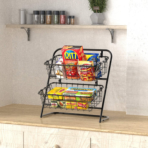 SimpleHouseware 2-Tier Rigid Wire Market Basket Stand, Black
