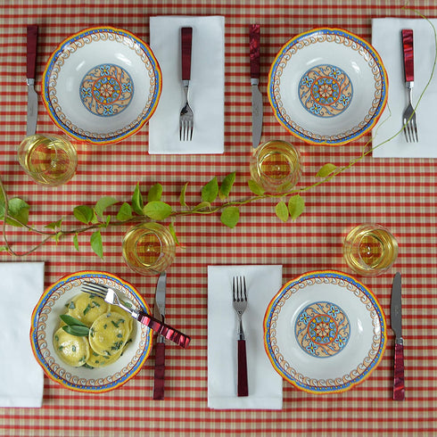 Euro Ceramica Duomo Collection Pasta Bowl Set of 4, Italian Floral Design, Multicolor, gold and cream