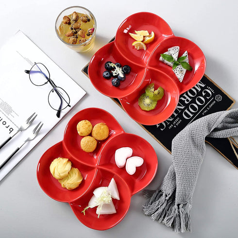 Christmas Dinner Serving Dish 8.5 inch Modern Set Of 2 Decorative Ceramic Appetizer 4 -Compartment Serving Platter Tray - Dessert Serving Plates, Red