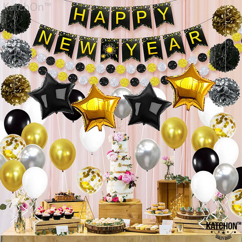 Huge New Years Eve Party Supplies 2022 - Pack of 70 | No DIY, Happy New Year Banner, Hanging Swirls and PomPoms for NYE Decorations 2022 | New Years Eve Decorations | Happy New Year Decorations 2022