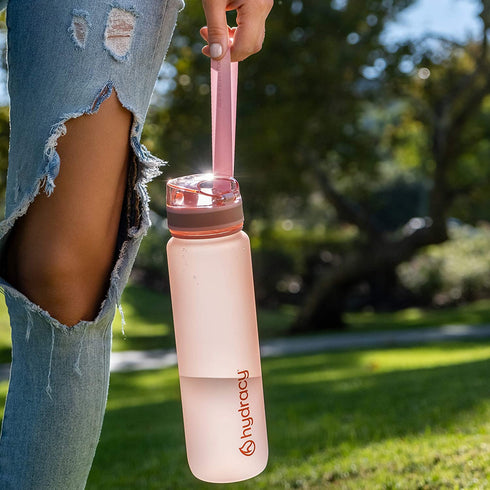 Hydracy Water Bottle with Time Marker - Large 1 Liter 32 Oz BPA Free Water Bottle -Leak Proof & No Sweat Gym Bottle with Fruit Infuser Strainer -Ideal Gift for Fitness or Sports & Outdoors - Rose Gold