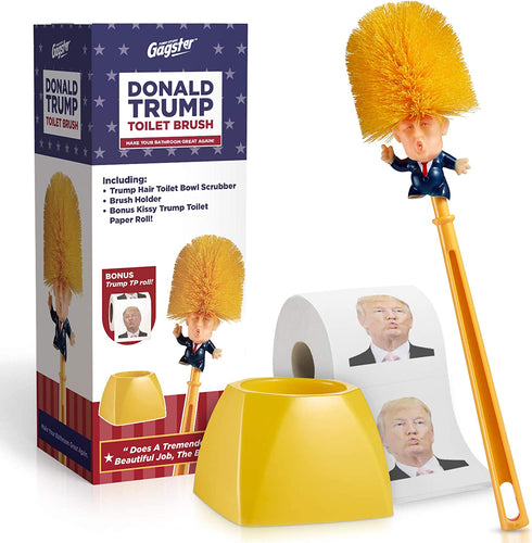 Donald Trump Toilet Brush and Trump Toilet Paper Roll Bundle - Funny Political Gag Gift Toilet Bowl Cleaner Scrubber with 3-Ply Bathroom Tissue Paper - Hilarious Trump Hair Unique Gift Idea