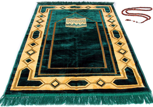 Premium Islamic Muslim Prayer Rug - Ramadan Gift - Janamaz Sajjadah - Namaz Seccade by GOLD CASE - Made in Turkey, PRMT-Green