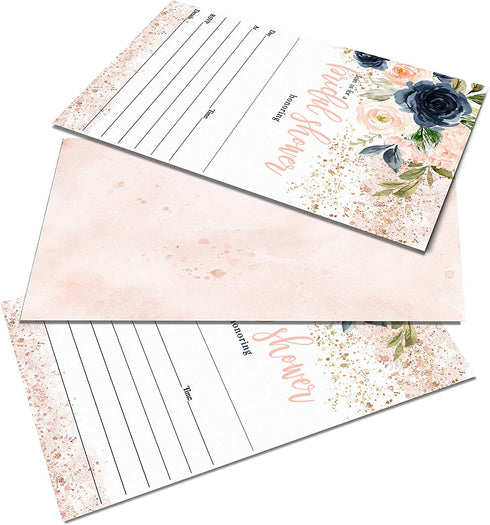 Blush Bridal Shower Invitations with Envelope Set of 25 Rustic Floral Wedding Invites Indigo and Pink Blank Printed Pack DIY (5x7 Size) Paper Clever Party