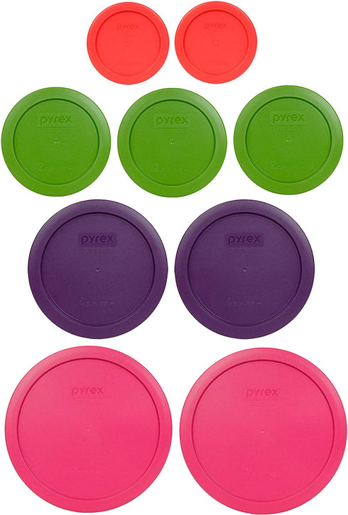 Pyrex (2) 7402-PC 6/7 Cup Fuchsia (2) 7201-PC 4 Cup Purple (3) 7200-PC 2 Cup Lawn Green (2) 7202-PC 1 Cup Red Replacement Food Storage Lids