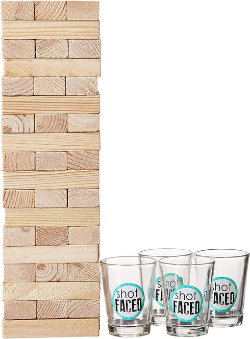 Game Night Tipsy Tower Drinking Game | Adult Party Game Set with 54 Stacking Wooden Blocks & 4 Durable Lead-Free Shot Glasses | Great Gift Idea for 21st Birthday, Bachelor & Bachelorette Party & More