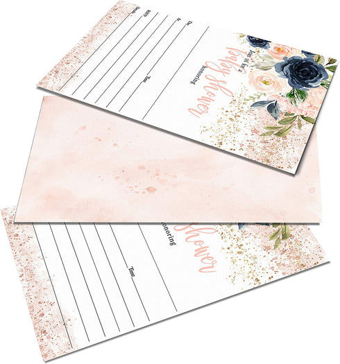 Blush Girls Baby Shower Invitations with Envelopes Pack of 25 Blank Invite Card Set with Navy Pink and Gold Country Floral Theme Reveal Sprinkle Handwrite Details DIY Paper Clever Party