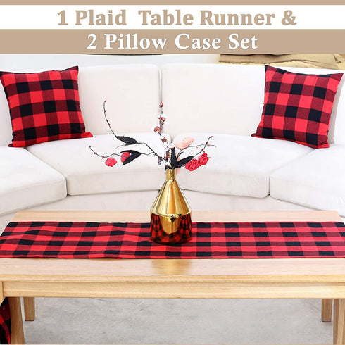 BETTERLINE Buffalo Check Plaid Set of Table Runner and 2 Throw Pillow Covers - Plaid Pattern Checkers - 72 Inch x 14 Inch Runner and 18 Inch x 18 Inch Pillow Cover Case