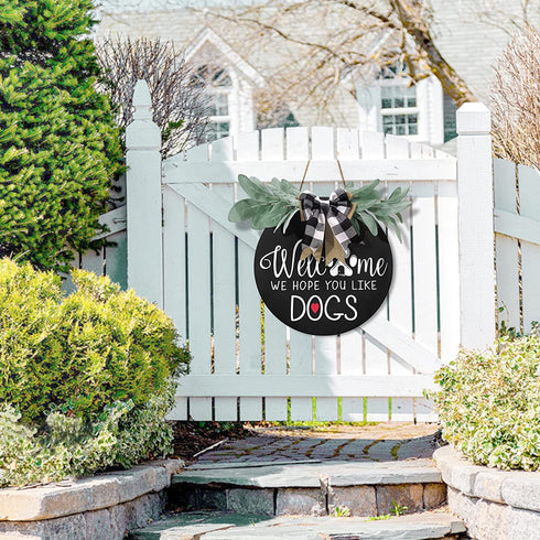 Welcome Sign for Front Door Decor - We Hope You Like Dogs,Outdoor Wooden Wreath Sign Farmhouse Door Hanger Sign with Eucalyptus Leaves and Buffalo Plaid Bow for Dogs Lovers Christmas Housewarming Gift