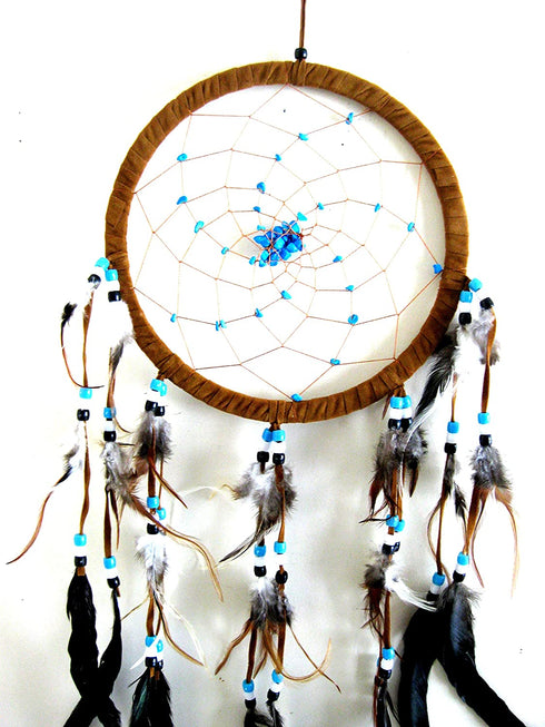 Dream Catcher Dreamcatcher - Brown Suede with Turquoise Details - Handmade, Large Size - 28" Long x 9" Diameter - OMA Brand