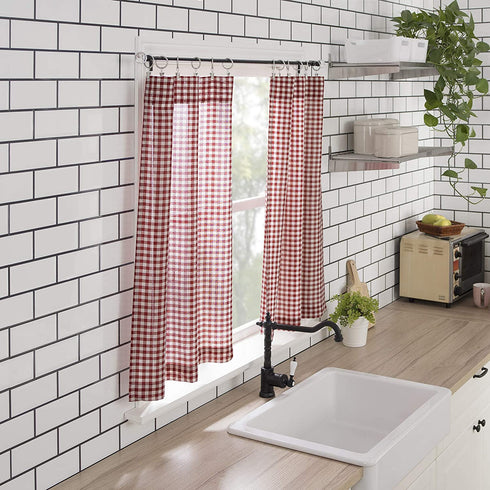 No. 918 Parkham Farmhouse Plaid Semi-Sheer Rod Pocket Kitchen Curtain Valance and Tiers Set, 54 in x 24 in (3 Piece, Red/White