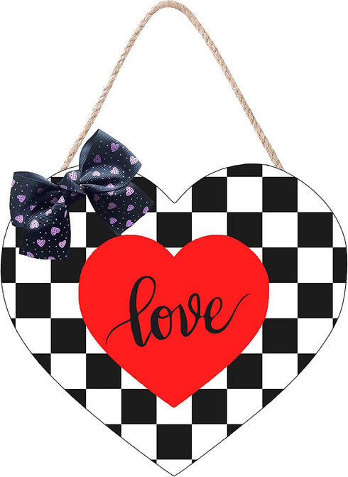 CYNOSA Valentines Day Door Sign Front Door Decorations Black and White Buffalo Plaid Heart Love Hanging Sign Printed Wooden Door Hanger Wreath Outdoor Wall Decor
