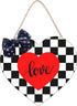 CYNOSA Valentines Day Door Sign Front Door Decorations Black and White Buffalo Plaid Heart Love Hanging Sign Printed Wooden Door Hanger Wreath Outdoor Wall Decor