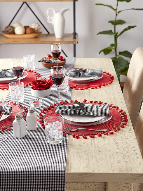 DII Woven Placemat Collection Round, 14.75" Diameter, Hot Red Tassel, 6 Piece