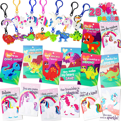 JOYIN 28 Packs Unicorn Dinosaur Keychain with Cards for Kids Party Favor, Classroom Exchange Prizes, Valentine™s Greeting Cards, Valentine Party Favors, Valentine Exchange Gifts