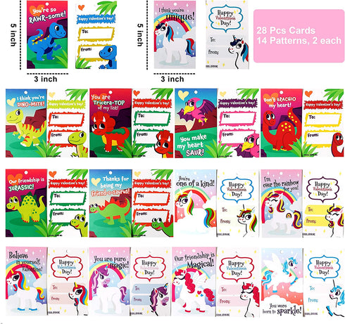 JOYIN 28 Packs Unicorn Dinosaur Keychain with Cards for Kids Party Favor, Classroom Exchange Prizes, Valentine™s Greeting Cards, Valentine Party Favors, Valentine Exchange Gifts