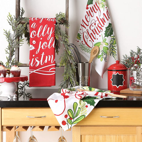 DII Christmas Fun Collection Printed Dishtowel Set, 18x28, Printed Holly, 3 Piece