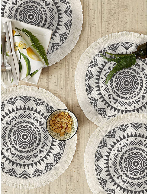 Sungea Mandala Round Placemats Set of 4, Boho Cotton Woven Macrame Tassels Table Mats Washable Heat Resistant Neutral Place Mat for Dining Room Kitchen Table Decor (13 Inches, Dark Grey)
