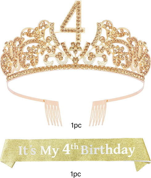 4th Birthday Gifts for Girl, 4th Birthday Tiara and Sash, 4th Birthday Decorations for Girl, 4th Birthday Crown and Sash for Girl, Birthday Crowns for Girl 4, Birthday Gifts for 4-Year-old Girl