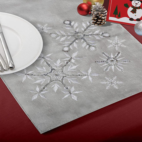 OWENIE Christmas Table Runners, Snowflake Silver Grey Table Runner, Xmas Holiday Tabletop Decor, Embroidery Table Centerpieces with Sequins and Diamonds, Glittering Winter Home Decorations, 14X70 Inch