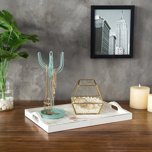 MyGift 16 x 11 inch, Large Whitewashed Wood Serving Tray with Cutout Handles, Rectangular Slatted Design Breakfast Ottoman Coffee Table Decorative Platter