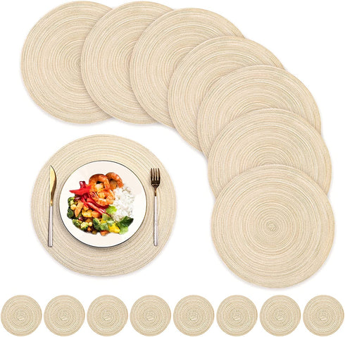 16 PCS Round Placemats and Coasters Set Braided Heat-Resistant Non-Slip Waterproof Durable Indoor Outdoor Coffee Kitchen Table Mats for Dining Tables(Beige,8 Placemats and 8 Coasters)