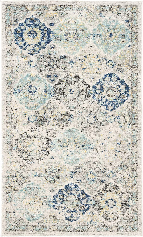 SAFAVIEH Madison Collection MAD611A Boho Chic Floral Medallion Trellis Distressed Non-Shedding Living Room Bedroom Accent Rug, 2'3" x 4', Ivory / Aqua