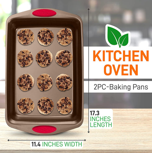 NutriChef 2-Piece Baking Pan Set - PFOA, PFOS, PTFE Free Flexible Nonstick Golden Coating Carbon Steel Bakeware - Professional Home Kitchen Bake Cookie Sheet Stackable Tray w/ Red Silicone Handles