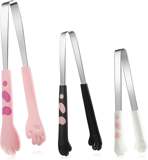 3 Pcs Cat Paw Tongs Cat Tongs Kawaii Food Kitchen Tongs Stainless Steel Tongs Cute Kitchen Accessories Gift for Cooking Toast, Bagels Barbecue and More, 3 Size(Pink, White, Black)