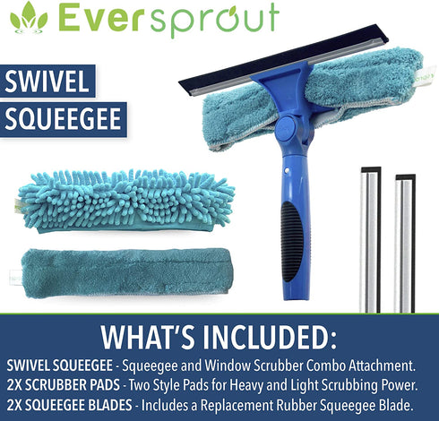 EVERSPROUT Swivel Squeegee and Microfiber Window Scrubber Combo | 2-in-1 Window & Glass Cleaning Tool | Adjustable to Clean from Multiple Angles | Includes 10-Inch Squeegee Blade (No Pole)