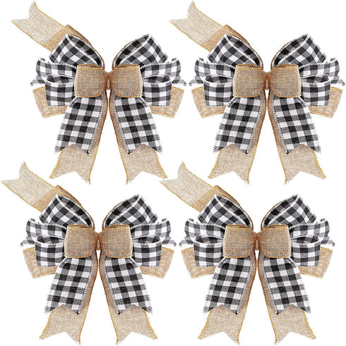 Syhood 4 Pieces Black and White Burlap Bows Christmas Wreath Bows Large Buffalo Plaid Wreath Bows Craft Ribbon Bows Tree Topper Bows Rustic Checkered Bows for Wedding Party Decoration 9.4 x 13 Inch