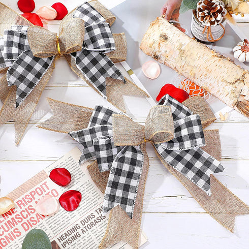 Syhood 4 Pieces Black and White Burlap Bows Christmas Wreath Bows Large Buffalo Plaid Wreath Bows Craft Ribbon Bows Tree Topper Bows Rustic Checkered Bows for Wedding Party Decoration 9.4 x 13 Inch